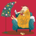 The bull is sitting in a chair, wrapped in a blanket, drinking tea or coffee and reading a book. Next to it is a decorated Christm